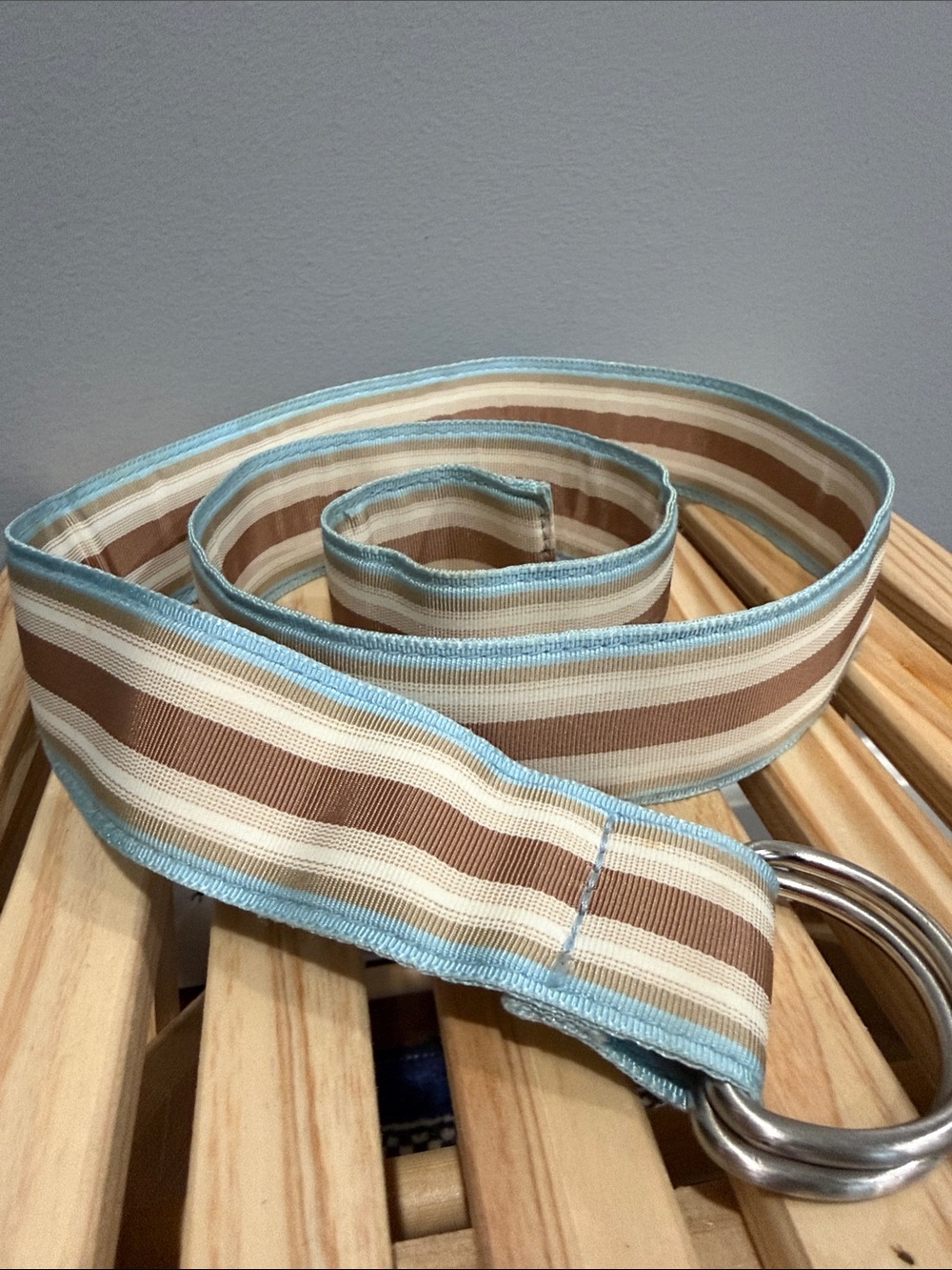 J.Crew Striped Ribbon D-Ring Belt Coastal Preppy Blue Tan Cream Adjustable S/M - Picture 2 of 3